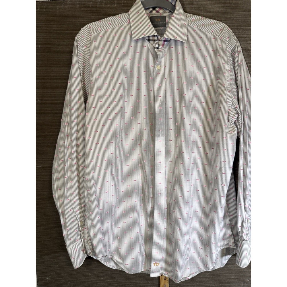 Thomas Dean Men's Striped Button Up Shirt Medium Hole Left Lower Back  See Pic